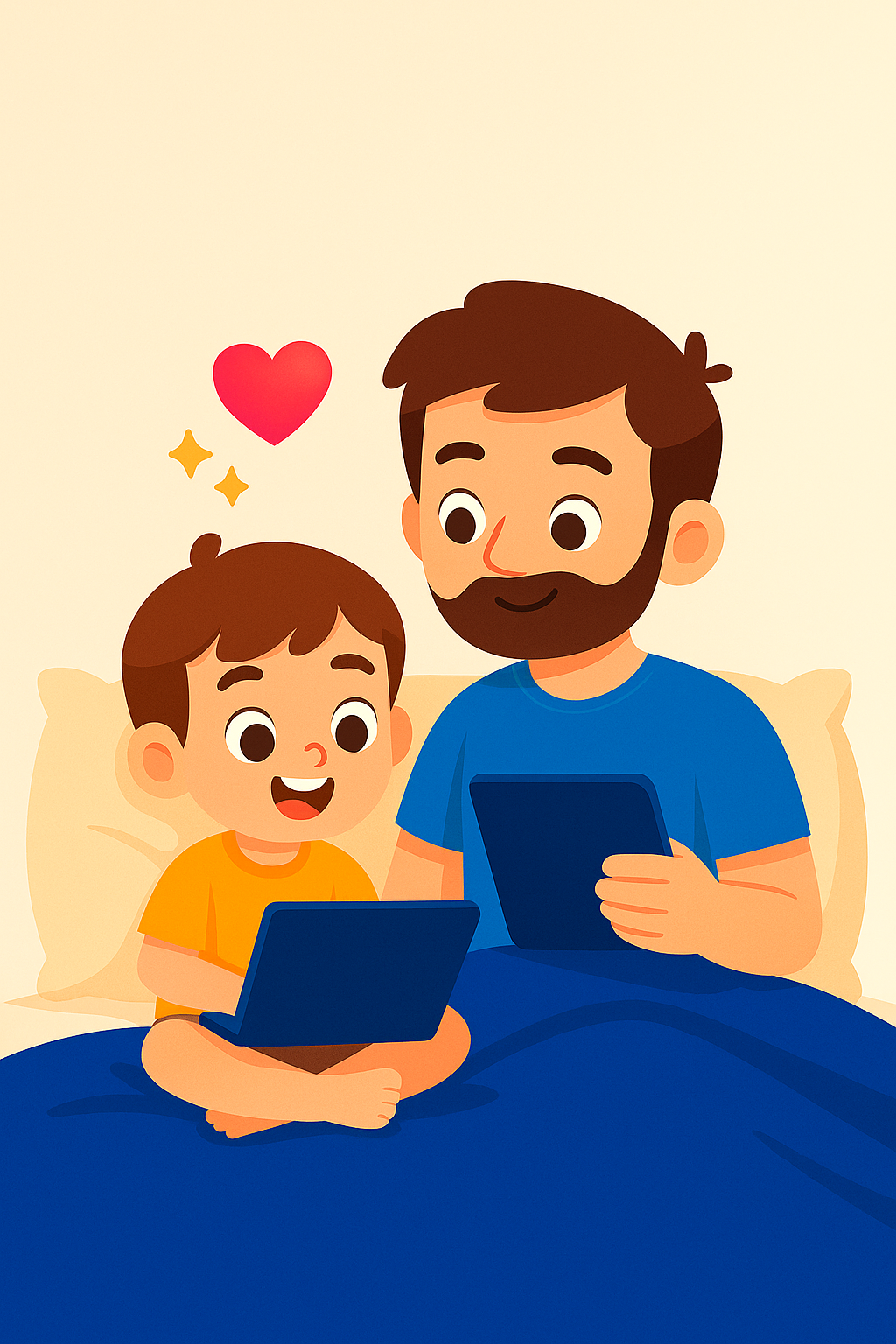 Padre e hijo mirando tablet juntos, atmósfera cálida